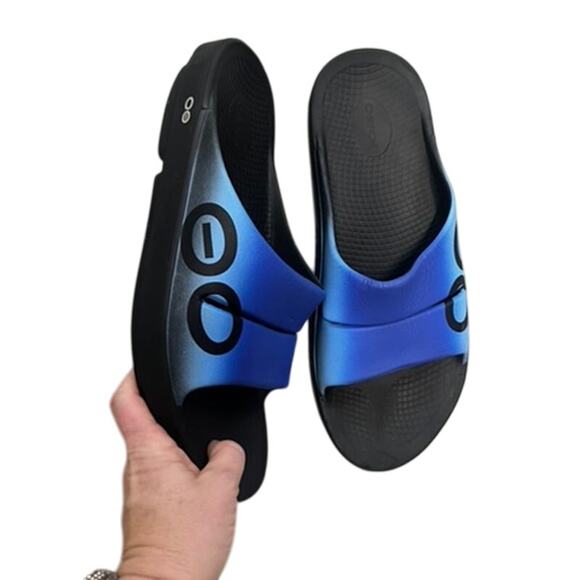 OOFOS OOahh Sport Intl Azul US Men's 14 Womens 16 EU 47 slip on slide Blue black - Picture 6 of 8
